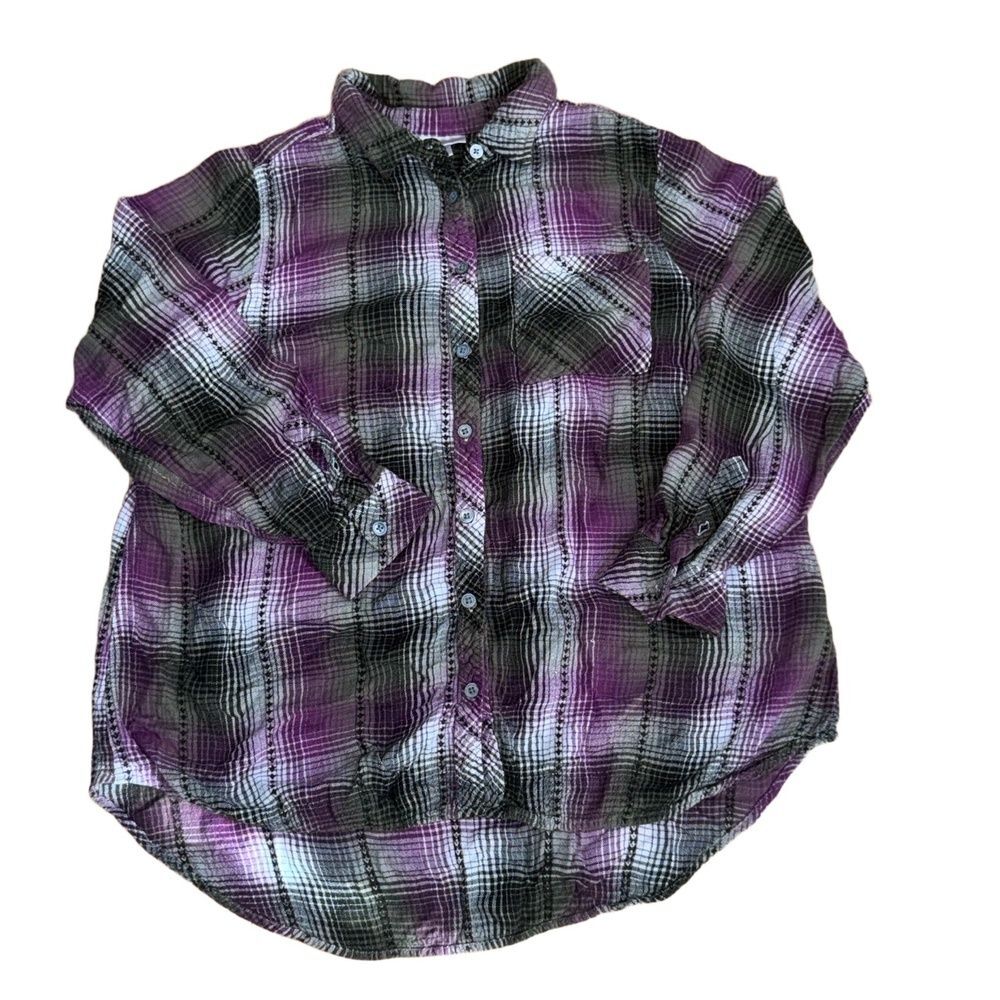 Avenue Women's 14/16 Purple Black Plaid Button Front Tunic Shirt Long Sleeve